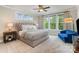 Bright bedroom featuring large windows, a ceiling fan, and a comfortable gray bed at 4016 Spring Cove Way, Belmont, NC 28012