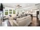 Spacious living room with a fireplace, comfortable seating, and views of the outdoor living space at 4016 Spring Cove Way, Belmont, NC 28012