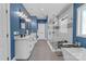 Luxury main bathroom features a double vanity, soaking tub, glass enclosed shower, and tiled flooring at 518 Maynard Farm Ln, Stanley, NC 28164