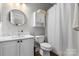 Well-lit bathroom with a sink vanity, toilet, and shower featuring updated fixtures at 5730 Closeburn Rd # H, Charlotte, NC 28210