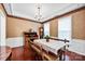 Elegant dining room with wood floors, wainscoting, decorative wallpaper, and a unique dining set at 8938 Kestral Ridge Dr, Charlotte, NC 28269