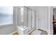 Modern bathroom featuring a glass shower stall with white base at 8938 Kestral Ridge Dr, Charlotte, NC 28269