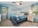 Light blue main bedroom with vaulted ceilings, carpeted floors, and two windows at 9238 Deer Spring Ln, Charlotte, NC 28210