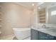 Bathroom with bathtub and shower combo, and decorative vanity with granite countertop at 945 Westbrook Dr # A, Charlotte, NC 28202