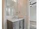 Bathroom with granite countertops, decorative vanity, and a view into the bedroom at 945 Westbrook Dr # A, Charlotte, NC 28202