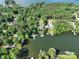 Aerial view of waterfront neighborhood featuring tree-lined properties with private docks and stunning lake access at 126 Strand Rd, New London, NC 28127