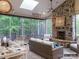 Inviting screened-in porch featuring a stone fireplace and comfortable wicker furniture with views of the surrounding landscape at 19329 Youngblood W Rd # 4, Charlotte, NC 28278