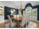 Dining room with dark blue walls, hardwood floor and a chandelier at 4429 Cameron Oaks Dr, Charlotte, NC 28211