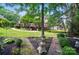 Expansive backyard with brick patio, lush landscaping, and elegant water fountain at 5718 Bardsey Ct, Matthews, NC 28104