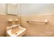 Vintage peach bathroom features retro tile, adding charm to this home at 830 Cabaniss Dr, Shelby, NC 28150