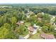 A high aerial view of property showcasing mature trees, lawns, and a swimming pool at 206 Cedarwood Dr, Salisbury, NC 28147