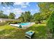 Backyard pool with cover, surrounding green space, and patio seating at 206 Cedarwood Dr, Salisbury, NC 28147