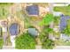 Aerial view showcases home nestled among other homes and lush trees in a neighborhood at 225 N Lee St, Mount Holly, NC 28120