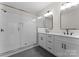 Modern bathroom with a double vanity, black hardware, and a large glass shower at 3220 Riley Ave, Charlotte, NC 28269