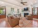 Open living room featuring hardwood floors, a fireplace, comfortable seating, and natural light at 332 Delburg St, Davidson, NC 28036