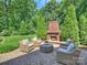 Brick outdoor fireplace with lounge area and lush greenery in a well-maintained backyard at 3620 Champaign St, Charlotte, NC 28210