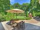 Outdoor living space featuring a dining table, brick fireplace, and manicured landscaping at 3620 Champaign St, Charlotte, NC 28210