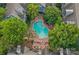 Aerial view of a community pool surrounded by lush landscaping and lounge chairs at 513 N Graham St # 1B, Charlotte, NC 28202