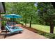 An inviting deck features comfortable lounge seating, an umbrella, and a soothing hot tub, perfect for outdoor relaxation at 54 Honeysuckle Woods, Clover, SC 29710