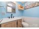 Bright bathroom with light blue walls, a modern basin sink, and white wainscoting at 702 S Government St, Lincolnton, NC 28092