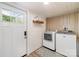 Laundry room with modern washer and dryer units and a door leading to the outside at 702 S Government St, Lincolnton, NC 28092