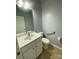 Cozy half-bath featuring a vanity with white cabinets and fixtures, next to a toilet at 10901 Claude Freeman Dr, Charlotte, NC 28262