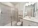 Bathroom features a shower, a sink with cabinet, and a neutral color palette at 113 Callandor Ct, Troutman, NC 28166