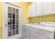 Bright laundry room featuring white cabinetry, a glass panel door, and a modern washer/dryer at 2035 Moultrie Ct, Fort Mill, SC 29707