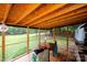 Inviting screened porch with wood ceiling, dining table, and views of the lush green yard at 475 Dot Faris Rd, Catawba, SC 29704