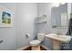 Stylish powder room featuring a pedestal sink, elegant mirror, and neutral color scheme at 6136 Sandy Point Ln, Belmont, NC 28012