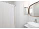 Bathroom featuring a vanity with a modern sink, unique mirror, and a shower with a curtain at 10217 Falling Leaf Dr, Concord, NC 28027