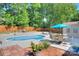 Beautiful backyard featuring a spacious pool, patio furniture, a wooden fence, and mature trees at 3632 Cole Mill Rd, Charlotte, NC 28270