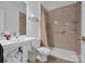 Bathroom with a single sink vanity and walk in shower at 4028 Garden Oak Dr, Indian Trail, NC 28079