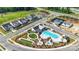 A captivating aerial view of community amenities, including a pool, tennis court, clubhouse, and well-manicured landscaping at 527 Sunharvest Ln, Indian Trail, NC 28079