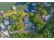 Aerial view of a lakefront property showcasing lush greenery, private docks, and surrounding landscape at 592 Shoreline Rd, New London, NC 28127