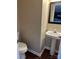 This bathroom features a pedestal sink and a view reflected in the mirror at 1300 Braveheart Ln, Charlotte, NC 28216