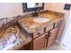 Bathroom features a wooden cabinet, drawers, dark fixtures, and granite countertops at 2092 Ayrsley Town Blvd, Charlotte, NC 28273