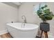 Modern bathtub with chrome fixtures complemented by a large leafy plant and natural light streaming through window at 2212 Acme Rd, Belmont, NC 28012