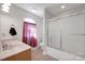 Bathroom featuring a tub/shower, toilet, vanity, and neutral-colored tile floors at 3610 Providence Mill Rd, Maiden, NC 28650