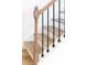 Close-up of a staircase featuring modern wood treads, white risers, and iron balusters at 424 Airline Ave, Shelby, NC 28150