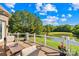 Relax on the back deck with comfortable seating and enjoy the lush landscaping and serene pond view at 458 Inverness Pl, Rock Hill, SC 29730