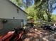 Backyard with various items, including a pool, trampoline, lawnmower, motorcycle, and miscellaneous items strewn around at 506 Sycamore Ave, Gastonia, NC 28052