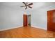 A bedroom featuring hardwood floors, ceiling fan, and neutral wall color ready for personalization at 604 Meadowbrook Rd, Kings Mountain, NC 28086