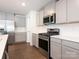 Stylish kitchen with stainless steel appliances, subway tile backsplash, and elegant gray cabinetry at 11019 Daisy Ct, Charlotte, NC 28262