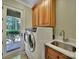 Bright laundry room with washer, dryer, sink, and cabinetry with door to the yard at 298 Horton Grove Rd, Fort Mill, SC 29715