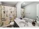 Bathroom featuring a vanity with a large mirror and a shower with a decorative shower curtain at 3401 Shillinglaw Rd, Sharon, SC 29742
