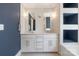 Bathroom showcasing double vanity, tile backsplash, and a blue accent wall for added style at 423 State St, Charlotte, NC 28208