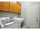 Laundry room featuring a modern washer and dryer beneath wooden cabinets with white door leading outside at 4860 Sherborne Dr, Harrisburg, NC 28075