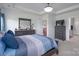 This bedroom features a dresser, television, blue accents and an ensuite bathroom at 5727 Lavaux Ct, Charlotte, NC 28214