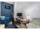 Bright office with bold wallpaper, comfortable seating, and a functional wooden desk setup at 7341 Adare Mews Rd, Charlotte, NC 28217